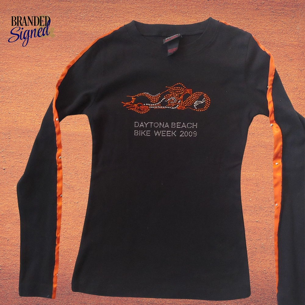 Small Long Sleeves Bikers Week 2009 Daytona Fitted, Black orange Studs